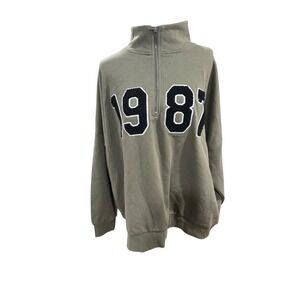 Noisy May NMALDEN Quarter Zip Sweater Kalamata Olive Green 1987 Graphic XL NEW